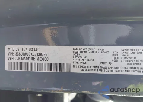 2020 Ram Promaster 3500 Cargo Van High Roof 159 Wb Ext z USA, uszkodzony, nr VIN 3C6URVJGXLE139796